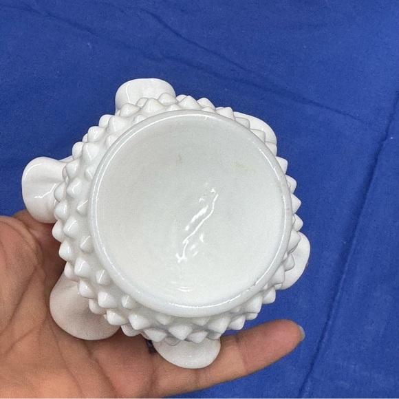 Hobnail White Milk Glass Small Rose Vase with Crimped Ruffled Edge - Picture 5 of 9